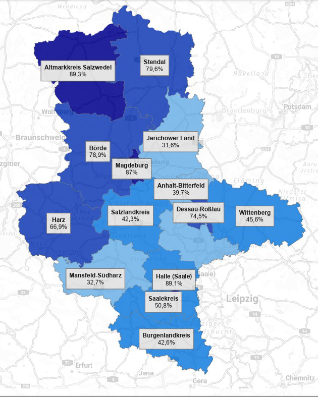 Datenstand: Ende 2024 Grafik: Gigabitquote in Sachsen-Anhalt nach Landkreisen