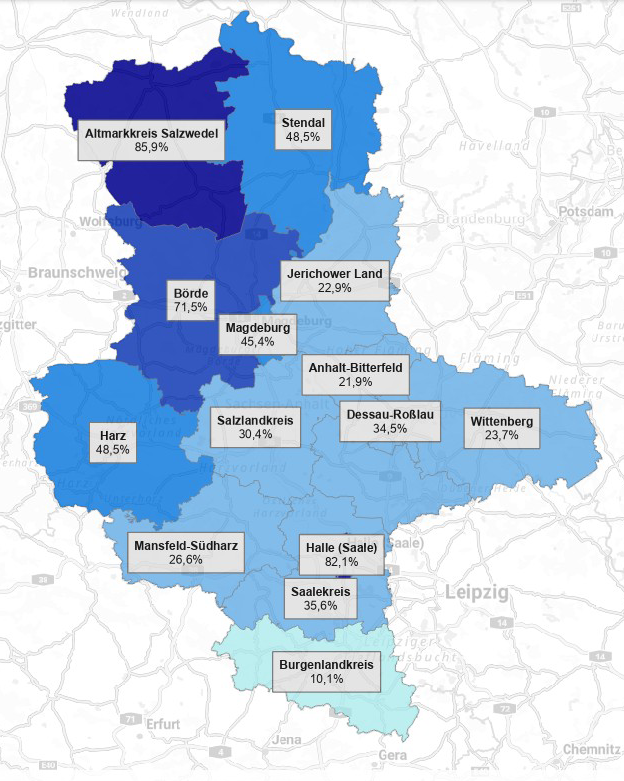 Datenstand: Ende 2024 Grafik: Glasfaserquote in Sachsen-Anhalt nach Landkreisen
