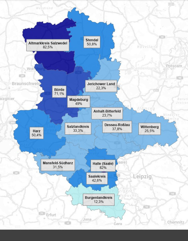 Grafik: Glasfaserquote in Sachsen-Anhalt nach Landkreisen