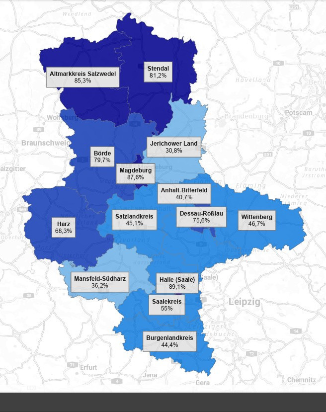 Grafik: Gigabitquote in Sachsen-Anhalt nach Landkreisen